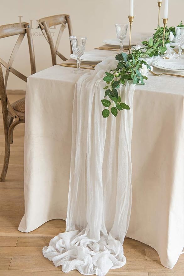 Ling's Moment 10Ft x 35" Wide Brilliant White Gauze Semi-Sheer Table Runner Cheesecloth Tablecloth for Wedding Party Bridal Shower Boho Table Decor