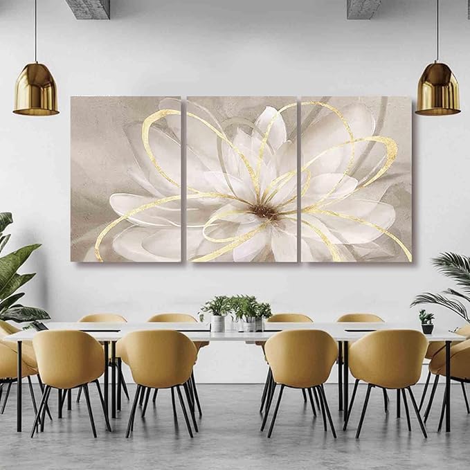 Kureful Large Pictures for Living Room Neutral Wall Art Artwork for Walls Canvas Art Gold Flowers Wall Decor for Girls Women Room Decor 24"x 36"x 3