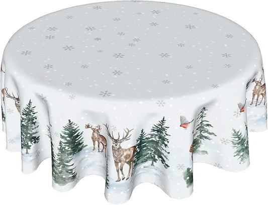 Winter Christmas Round Tablecloth 60 Inch Winter Snow Tree Deer Decorative Table Cloth Winter Holiday Table Cover for Christmas Party Kitchen Dining Room Holiday Picnic Home Indoor Outdoor Decor