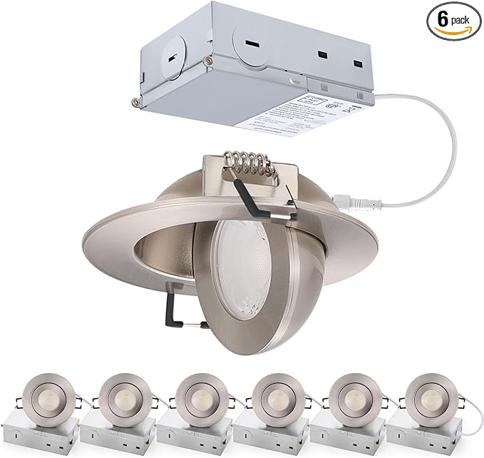 Brushed Nickel 3 inch Recessed LED Lights, 7W 5CCT Gimbal Artwork Soffit Lighting Fixture, 360° Rotatable Swivel Spot Lights, Canless Dimmable Eyeball 90° Tilt, AC120V Fisheye 6 Pack Nickel