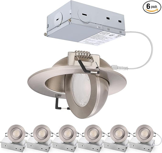 Brushed Nickel 3 inch Recessed LED Lights, 7W 5CCT Gimbal Artwork Soffit Lighting Fixture, 360° Rotatable Swivel Spot Lights, Canless Dimmable Eyeball 90° Tilt, AC120V Fisheye 6 Pack Nickel