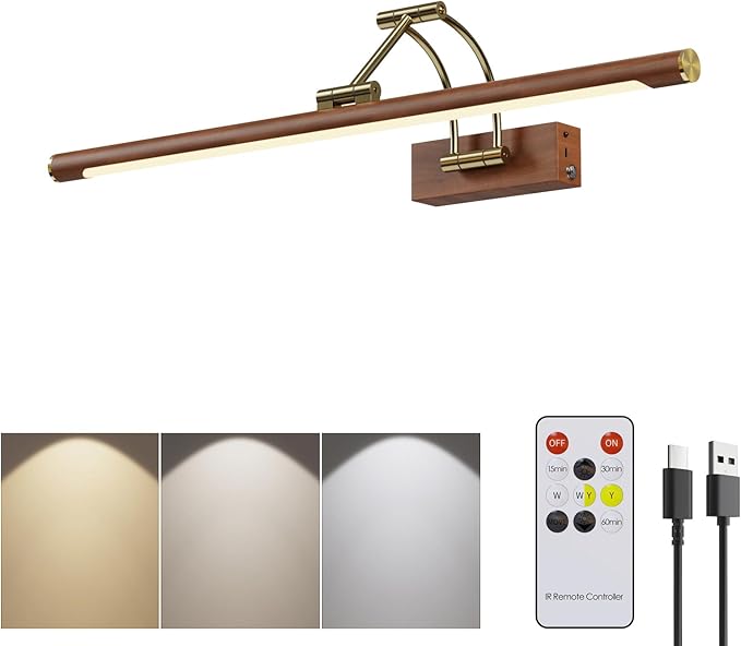 Wireless Picture Lights for Wall Rechargeable,16.14" Battery Operated Art Light for Paintings,3CCT Dimmable with Remote,Rotatable Gallery Light for Pictures Display,Wood Grain