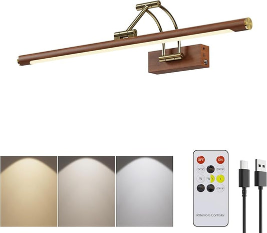 Wireless Picture Lights for Wall Rechargeable,16.14" Battery Operated Art Light for Paintings,3CCT Dimmable with Remote,Rotatable Gallery Light for Pictures Display,Wood Grain