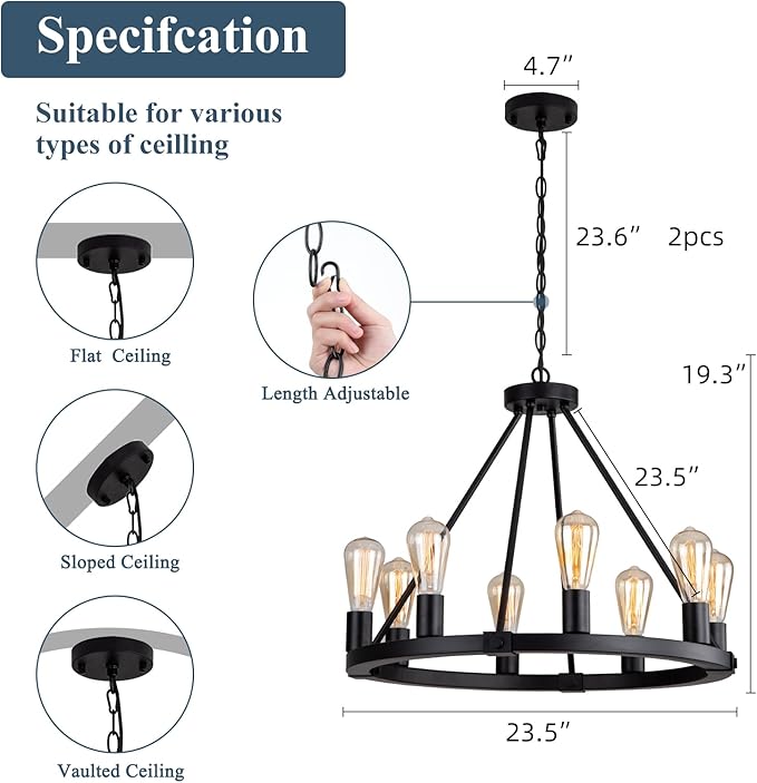 9MMML 23.6" 8 Lights Wagon Wheel Chandelier,Black Metal Round Industrial Vintage Kitchen Island Pendant Light for Living Dining Room Foyer Entryway,Height Adjustable,E26.