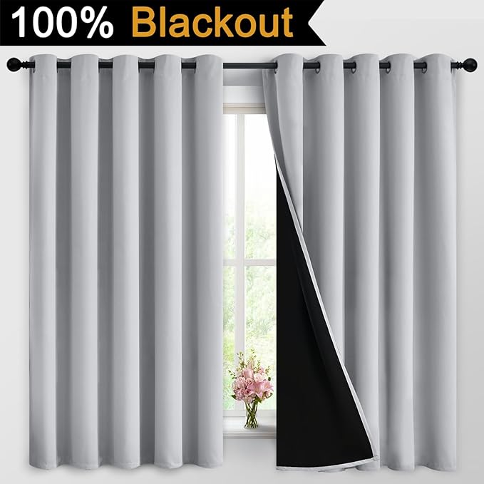 Yakamok 2 Thick Layers 100% Completely Blackout Window Curtains,Thermal Insulated Noise Reducing Drapes for Girl's Bedroom(62Wx63L, Light Grey, 2 Panels)