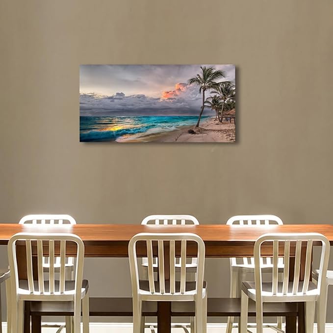 Beach Pictures Wall Art Canvas Prints Seascape Poster Bathroom Decor Blue Ocean Green Tree Painting for Living Room Bedroom Home Kitchen Decoration 28x57 Wooden Frame Natural Landscape Artwork
