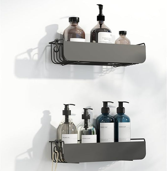 Epock Adhesive Shower Caddy, No Drill Shower Shelves 2 Pack 4 Hooks Rust-Proof Metal Bathroom Organizer shower rack with for Bathroom, Kitchen, RV Storage, Matt Black