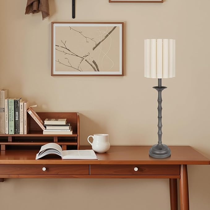 Vintage Brown 28.9'' Tall Scalloped Table Lamp Pack of 2, Rustic/Farmhouse Buffet Lamp, Bamboo Lamp Joint Base, for Living Room Bedside Side Table