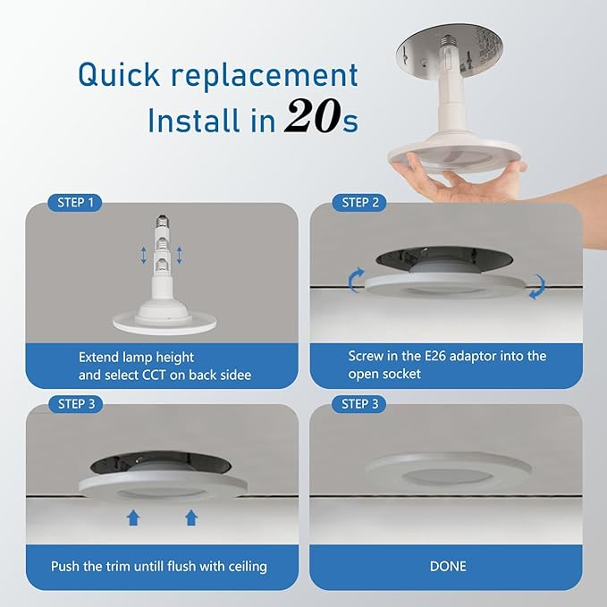 Jolux 5/6 Inch 5CCT Retrofit LED Recessed Lighting 4 Pack, Adjustable 5CCT 2700K-5000K, LED Replacement Can Lights,Dimmable,12=60W, E26 Base, Flat Trim,Easy Retrofit Downlight Installation.
