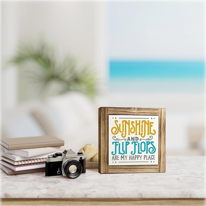 Summer Wood Signs, Farmhouse Wooden Box Desk Sign Decor, Summer Vacation Decors, Beach Decorations for Home, Beach House Decor, Sunshine and Flip Flops are My Happy Place Sign 5.9×5.9inches