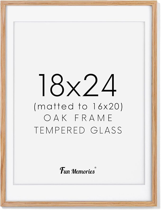 18x24 Picture Frame, Solid Oak Wood 18 x 24 Frame for Wall, 18 by 24 Oak Poster Frame with Real Glass, 18x24 Matted frame for 16x20, 18"x24" Wood Frame for Home Decor, Natural Oak Color, Set of 1