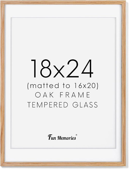 18x24 Picture Frame, Solid Oak Wood 18 x 24 Frame for Wall, 18 by 24 Oak Poster Frame with Real Glass, 18x24 Matted frame for 16x20, 18"x24" Wood Frame for Home Decor, Natural Oak Color, Set of 1