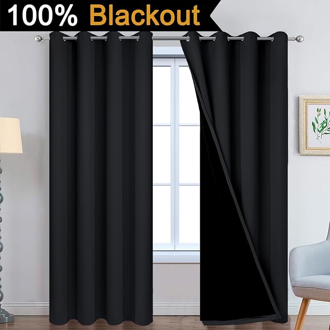 Yakamok 90 Inch Length 100% Blackout Curtains for Bedroom, 2 Thick Layers Thermal Insulated Grommet Total Blackout Drapes with Black Liner for Living Room (52Wx90L,Black, 2 Panels)