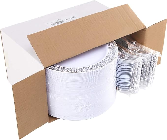 WDF 100pcs Silver Plastic Dessert Plates 7.5" with 100 Pieces Disposable Forks 7.4", Silver Plates Appetizer Plates Small Plates, Fancy Salad Plates and Cake Plates for Party/Wedding
