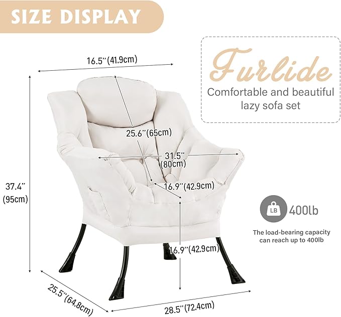 Lazy Chair for Living Room, Modern Accent Chairs with Armrests, Comfy Lounge Chair with Side Pocket, Cozy Lazy Sofa for Reading, Balcony, Bedroom, Dorm, Small Spaces (Beige)