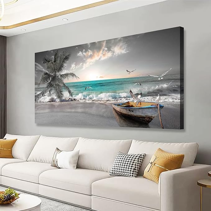 Beach Sea Wave Pictures Canvas Wall Art For Living Room Bedroom Wall Decor,Sea Wave Wall Art Print Paitnings For Home Decor,Morden Artwork Palm Boat Canvas Art Waterproof Ready To Hang-20X40Inches