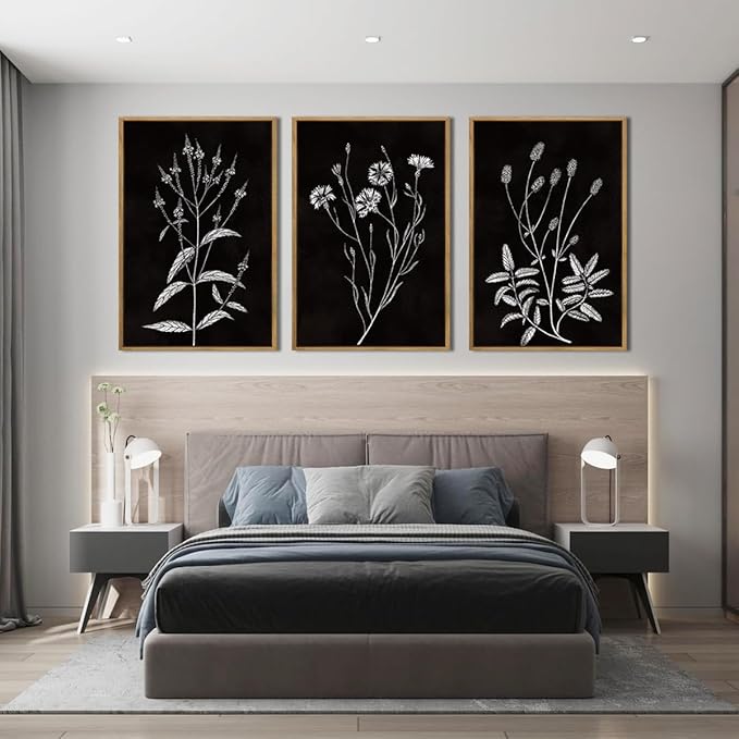 Extra Large Black and White Floral Wall Art Framed Botanical Wall Decor 3 Pieces for Bathroom Living Room Bedroom 24x36 Inch