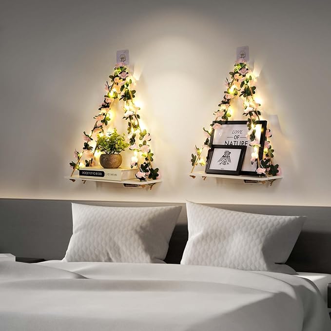 Floating Shelves for Wall No Drilling,Wall Dcorations Art,Hanging Shelf,Leaves and Light Strip with Flower,Set of 2 Plant Decor for Home House Livingroom Bedroom Officer,Boho Decor,Gifts for Woman