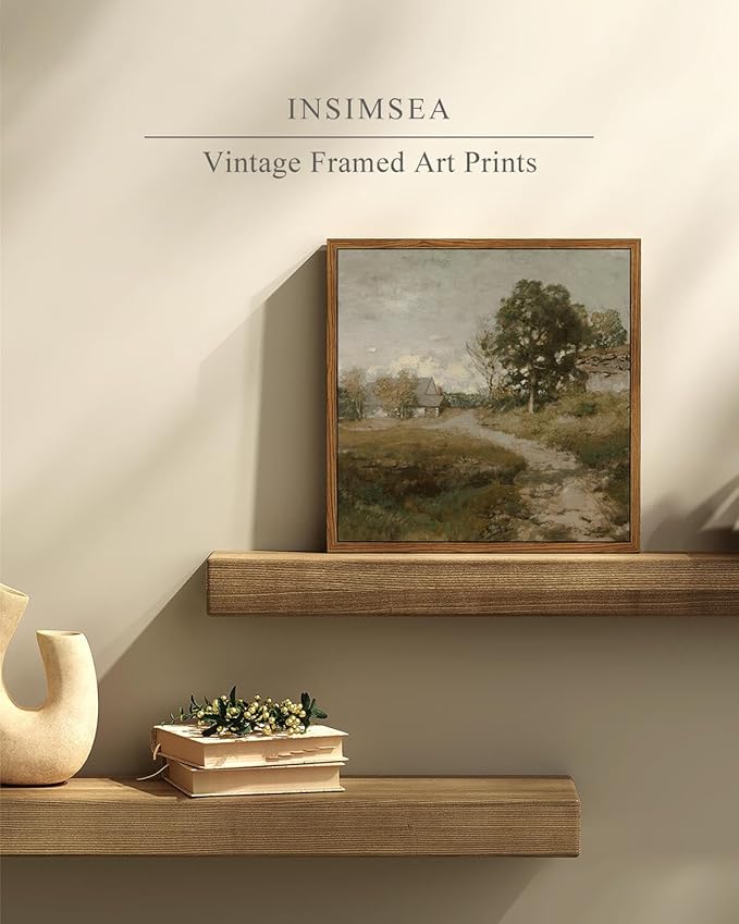 InSimSea Square Framed Canvas Wall Art, Landscape Rural Farmhouse Room Decor, Vintage Nature Classical Oil Painting Wall Prints Decor for Bathroom, Bedroom, Living Room 10"x10"