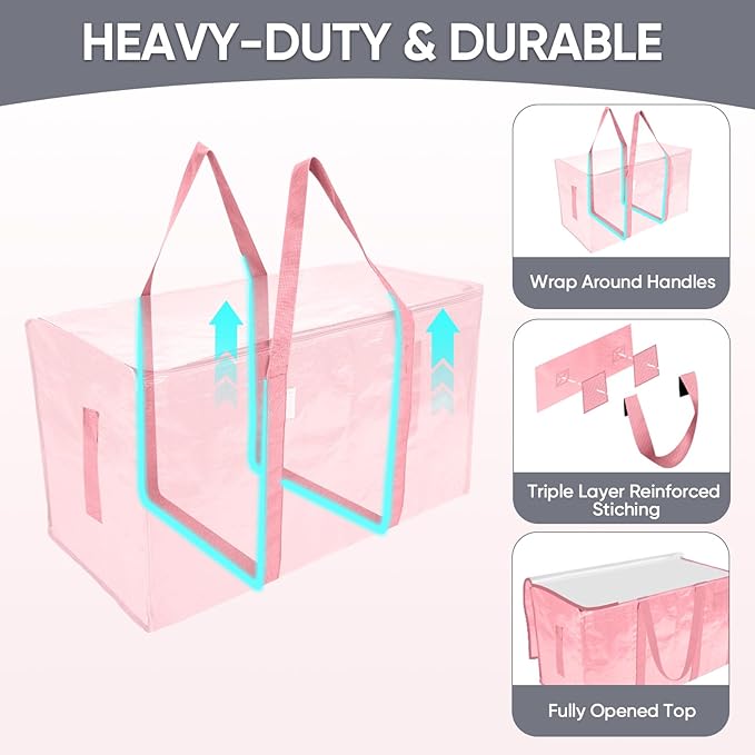 TICONN 2 Pack Extra Large Moving Bags with Zippers & Carrying Handles, Heavy-Duty Storage Tote Moving Boxes for Space Saving (2 Pack, Coral)