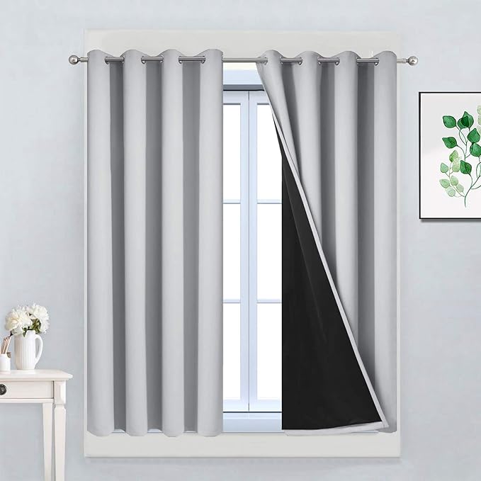 Yakamok Total Blackout Curtains, 2 Thick Layers Completely Blackout Thermal Insulated Drapes with Black Liner for Bedroom(52Wx45L, Light Grey, 2 Panels)