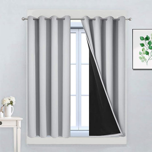 Yakamok Total Blackout Curtains, 2 Thick Layers Completely Blackout Thermal Insulated Drapes with Black Liner for Bedroom(52Wx45L, Light Grey, 2 Panels)