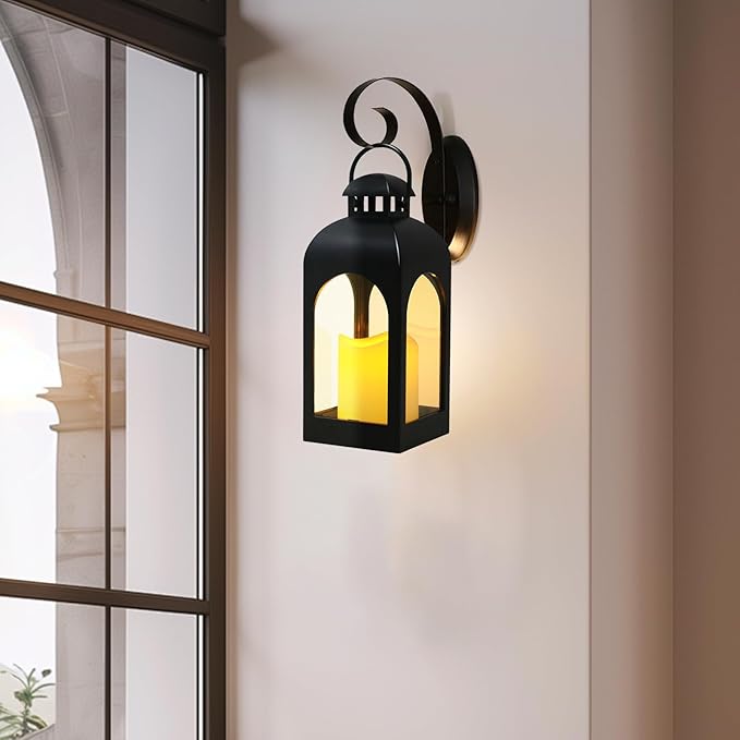 Decor Modern Farmhouse Lantern Decor Set of 4, Black Metal Small Candle Lanterns, Wooden Lanterns Decorative w/Timer & Remote-Controlled Flickering Candles for Home, Indoor, Table (White)