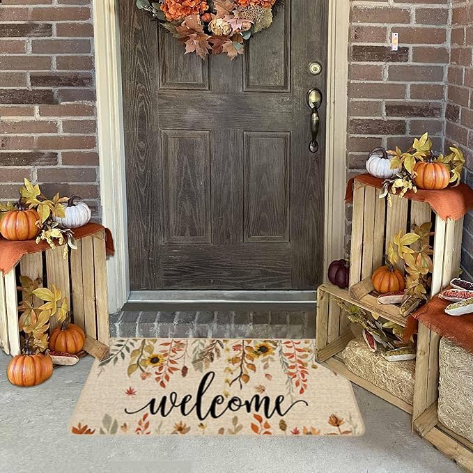 ORTIGIA Welcome Fall Doormat Eucalyptus Leaves Sunflowers Door Mats Indoor Outdoor Patio Non-Slip Durable Entrance Floor Mat for Farmhouse Home Entrance, Outside, Yard, Patio 17x36 Inch