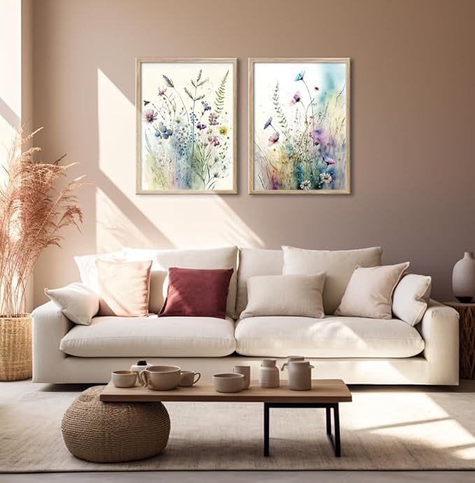 Framed Colorful Flowers Bathroom Wall Art Decor, Blue Floral Picture Canvas Print White Daisy Painting Artwork for Bedroom Office Decoration 12"x16"x2 Panels