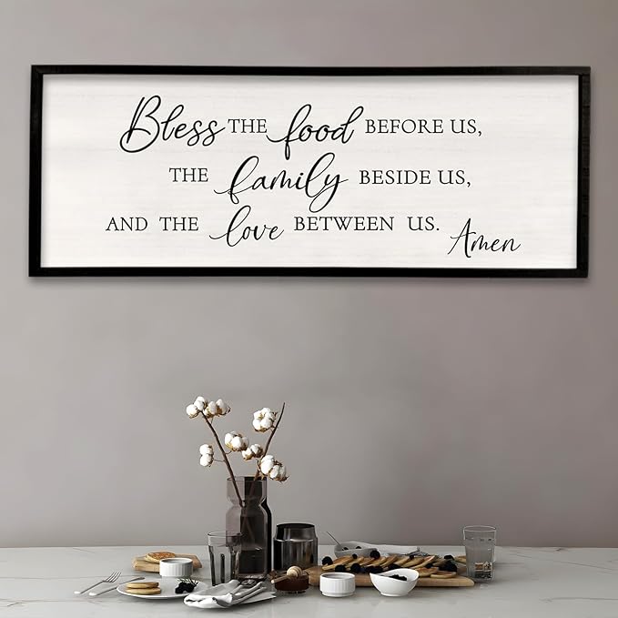 Surfapans Bless the Food Before Us Wall Decor, 32"X12" Farmhouse Dining Room Family Kitchen Sign, Christian Bible Verse Scripture Vintage Home Framed Wood Wall Art (Black)