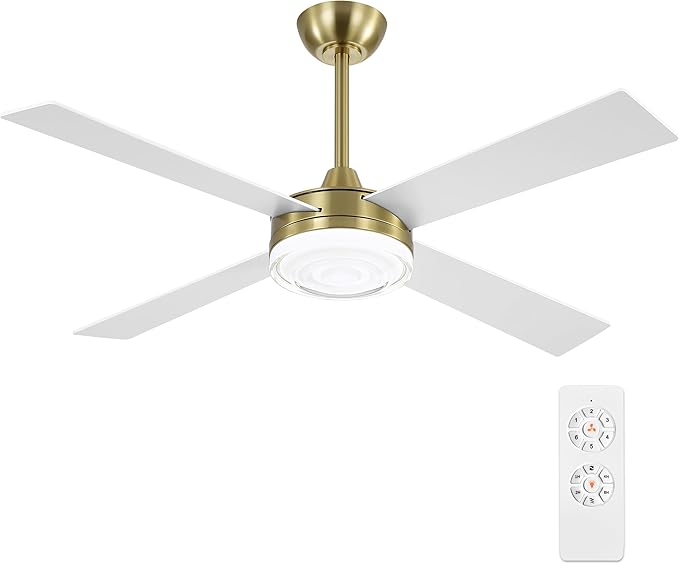 WINGBO 52 Inch Ceiling Fan with Lights and Remote, 3CCT, Modern Ceiling Fan with Ripple Glass Shade, 6-Speed Reversible DC Motor for Bedroom Living Room Kitchen Hallway, Brass and White