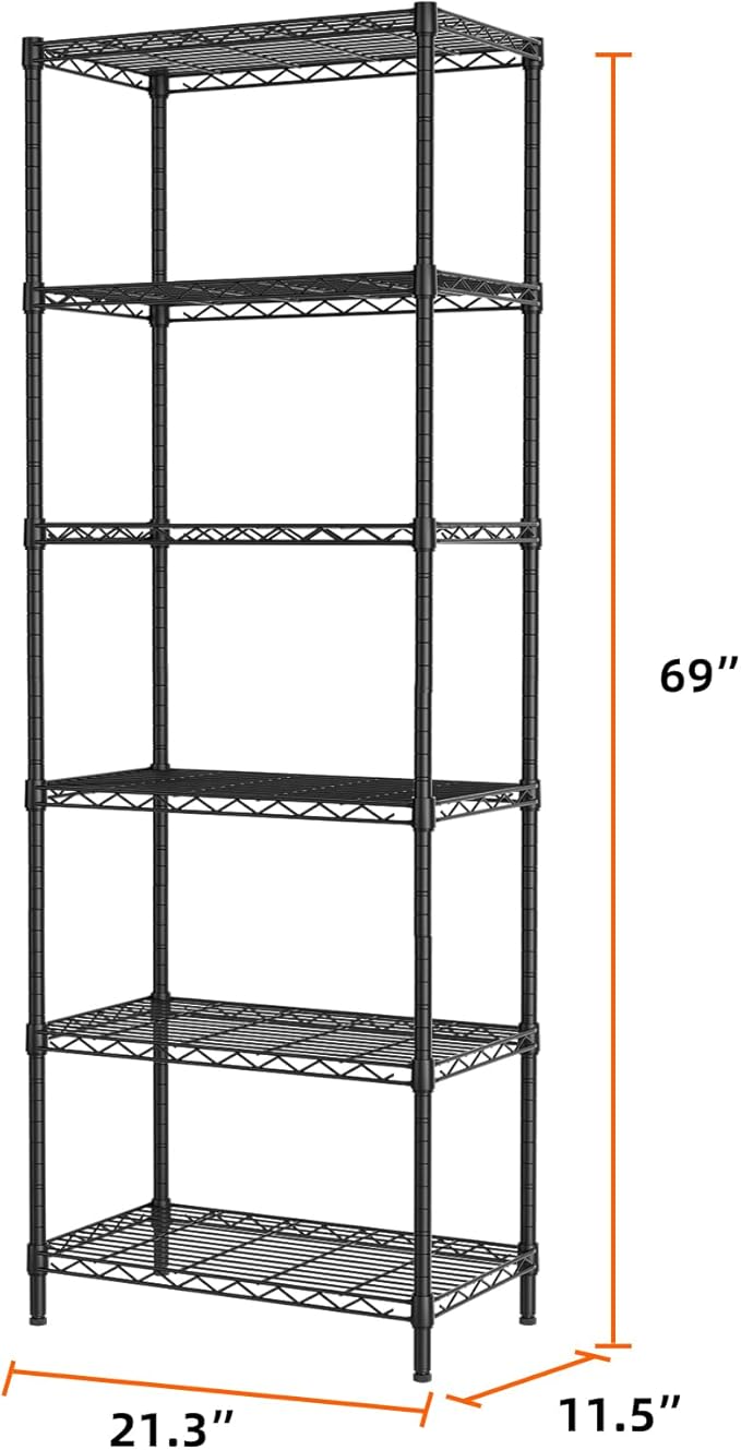 SINGAYE 6 Tier Adjustable Storage Shelf Wire Shelving Unit Metal Shelves Standing Closet Bathroom Organizers Pantry Kitchen Garage Laundry Room Organization Home Rack 12" D X 22" W X 69.5" H Black