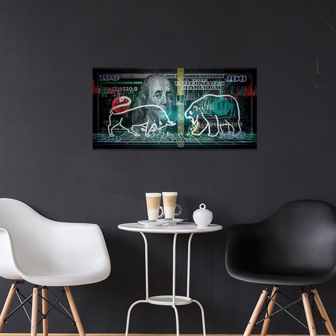 Yatsen Bridge Large Size Stock Market Bull VS Bear Artwork Paintings Motivational 100 Dollar Money Benjamin Franklin Canvas Wall Art Wooden Framed Ready to Hang - 32x16 inches
