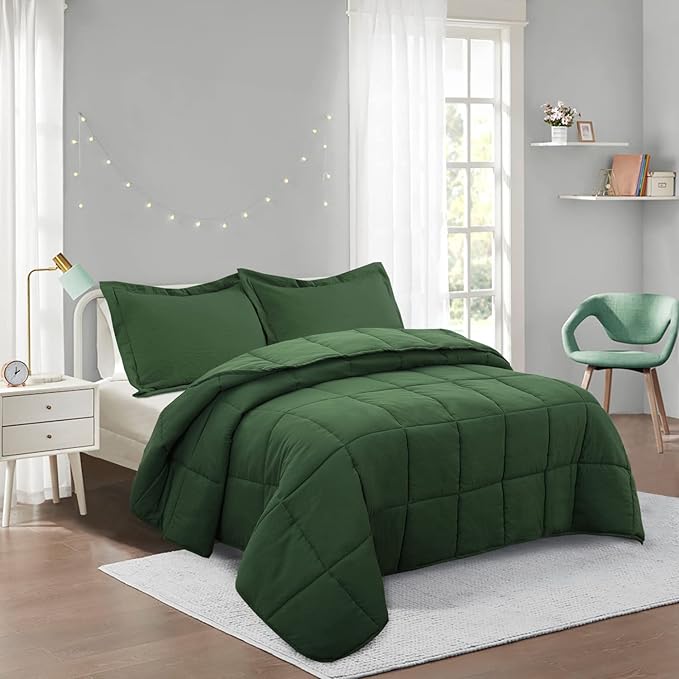 HIG 3pc Prewashed Green Twin/Twin XL Comforter Duvet Insert - All Season Quilted Down Alternative Comforter with Corner Tabs - Box Stitched -250GSM Fiberfill Farmhouse Style Bedding(Salomon)