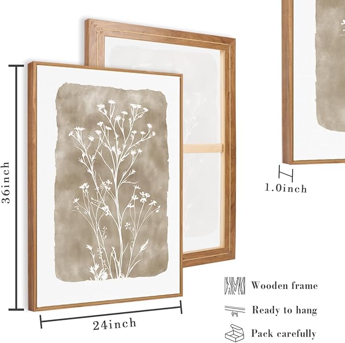 ANHUIB Extra Large Beige Floral Wall Art 24x36 Inch Neutral Floral Wall Decor Vintage Flower Artwork for Living Room Bedroom Office Set of 3