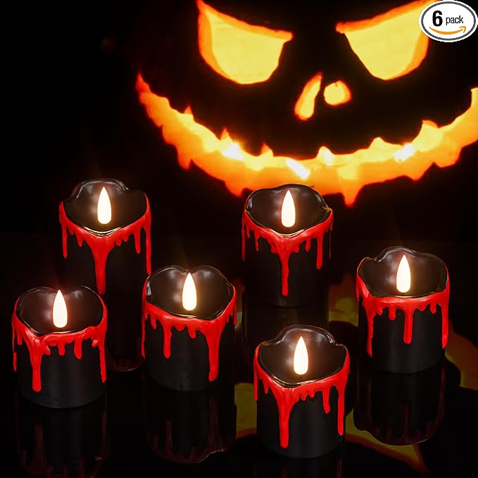 Eldnacele Black Votive Flameless Candles Battery Operated with Timer, 300+ Hour Blood Dripping Wax Tea Lights Flickering Electric LED Candles Fall Dinner Decor Spooky Halloween Lights(6Pcs,2"×2.2")