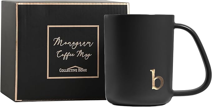 COLLECTIVE HOME - Ergonomic Handle Ceramic Mug, 15 oz Personalized Coffee Cup with Golden Initial, Microwave & Dishwasher Safe, Elegant Monogram Tea Mug in Gift Box for Home & Office (Black-b)