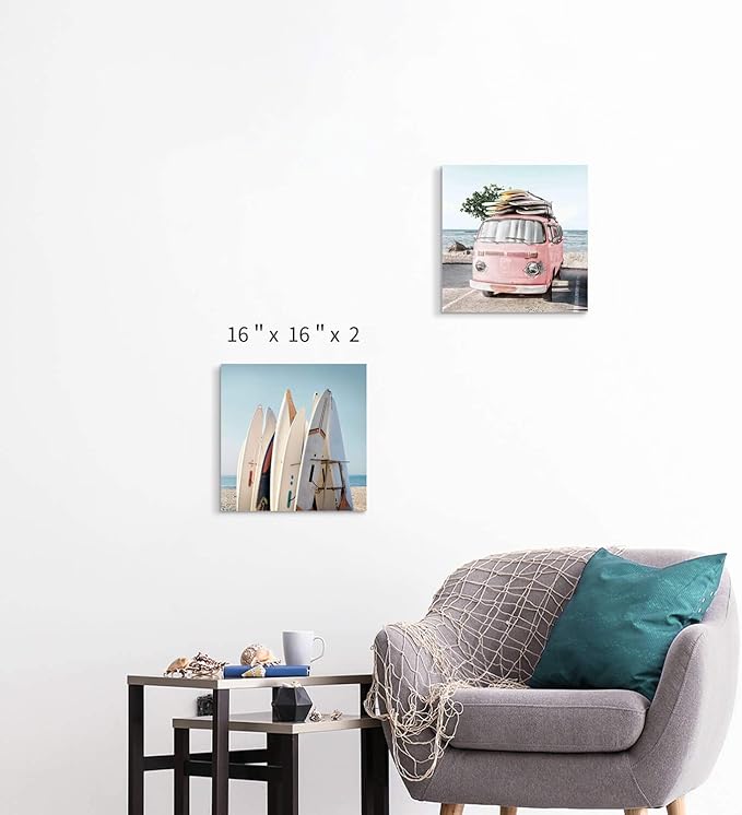 Beach Picture Coastal Wall Art: Surfboard & Pink Car Painting Ocean Wall Art on Canvas for Bedroom (16” x 16” x 2 Panels)