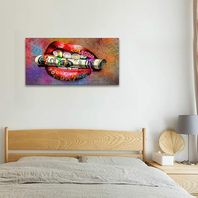 Artwork for Home Walls Abstract Colorful Graffiti Sexy Mouth Biting A Dollar Creative Wall Art Graffiti Letters Wall Pictures for Living Room Bar gym Game Room Wall Hanging Up Easy to Put-40"Wx20"H