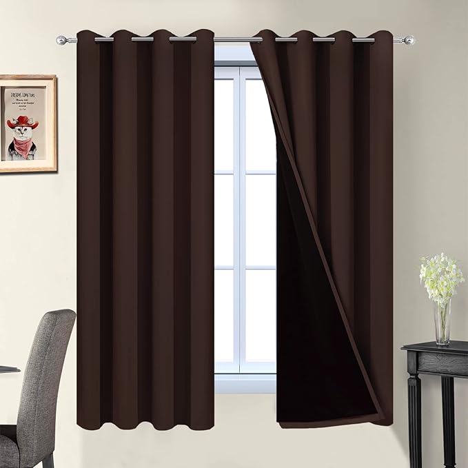 Yakamok Blackout Curtains 63 Inches Long,Blackout Curtain Panels for Bedroom, 2 Thick Layers Grommet Top Thermal Insulated Drapes with Black Liner for Living Room(52Wx63L, Chocolate Brown, 2 Panels)