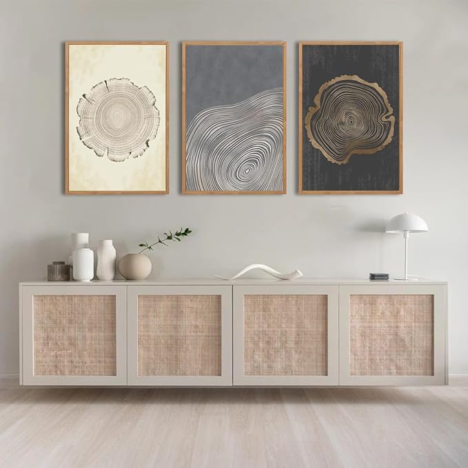 IARTTOP Large Framed Neutral Tree Ring Wall Art 16x24 Inch Set of 3 Modern Abstract Minimalist Wood Stump Wall Decor for Living Room Bedroom Office