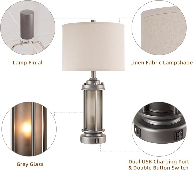 Industrial Metal Table Lamps Set of 2 Living Room Bedroom, 2 USB Ports Bedside Lamp with Glass Nightlight, Modern Desk Lamp for Entryway Office End Table, 4 Bulbs Included