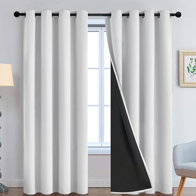 Yakamok 100% Blackout Curtains 90 Inches Long, 2 Thick Layers Heat and Full Light Blocking Soft Thermal Insulated Drapes for Bedroom(52" Wide Each Panel, Greyish White, 2 Panels)