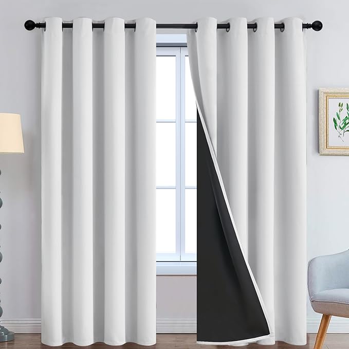 Yakamok 100% Blackout Curtains 96 Inches Long, 2 Thick Layers Heat and Full Light Blocking Soft Thermal Insulated Drapes for Bedroom(52" Wide Each Panel, Greyish White, 2 Panels)