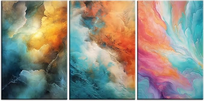 Colorful Canvas Wall Art Abstract Rendering Clouds 3 Pieces Modern Pictures Print Multicolor Poster Painting Wall Decor Artwork for Bedroom Kindergarten Office Stretched and Framed [48''W x 24''H]