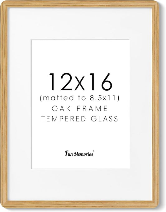 Solid Oak Wood 12x16 Picture Frame, Farmhouse 12 x 16 Wooden Frames, 12x16 Frame Matted to 8.5x11, Tempered Real Glass, 12"x16" Frames Minimalist Art Frame for Home Deocr, Natural Oak Color, 1 Pack