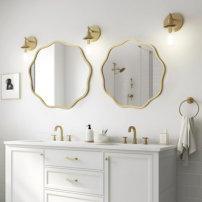WallBeyond Round Wavy Mirror for Wall Decorative 20 inch, Modern Round Mirror Aluminum Frame for Bathroom Bedroom Living Room Home House Office Entryway, Gold
