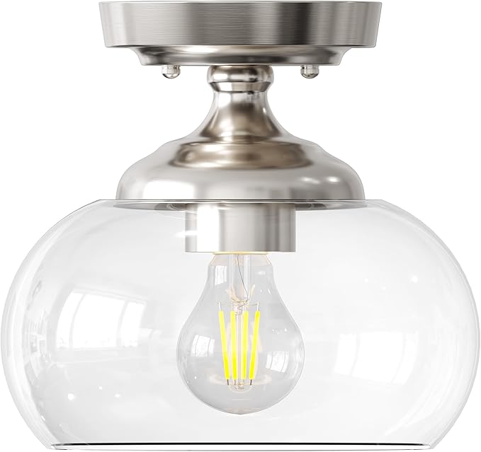 VONLUCE Industrial Semi Flush Mount Ceiling Light, 8.3" Ceiling Light Fixture with Clear Glass Shade, Farmhouse Lighting for Hallway Kitchen Bedroom Entryway, Brushed Nickel Flush Mount Light Fixture