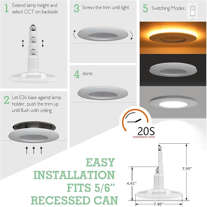 Soliseed 6 Pack 5/6 Inch 5CCT LED Can Lights with Night Light,Retrofit Recessed Lighting Selectable 2700K/3000K/3500K/4000K/5000K,12W=60W,800LM,Dimmable Can Lights,Easy Install
