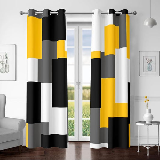 Yellow 100% Blackout Curtains for Bedroom 84 inch Length 2 Panels Set White Grey Modern Abstract Geometric Black Out Curtains Insulated Room Darkening Window Drapes for Living Room, 42Wx84L